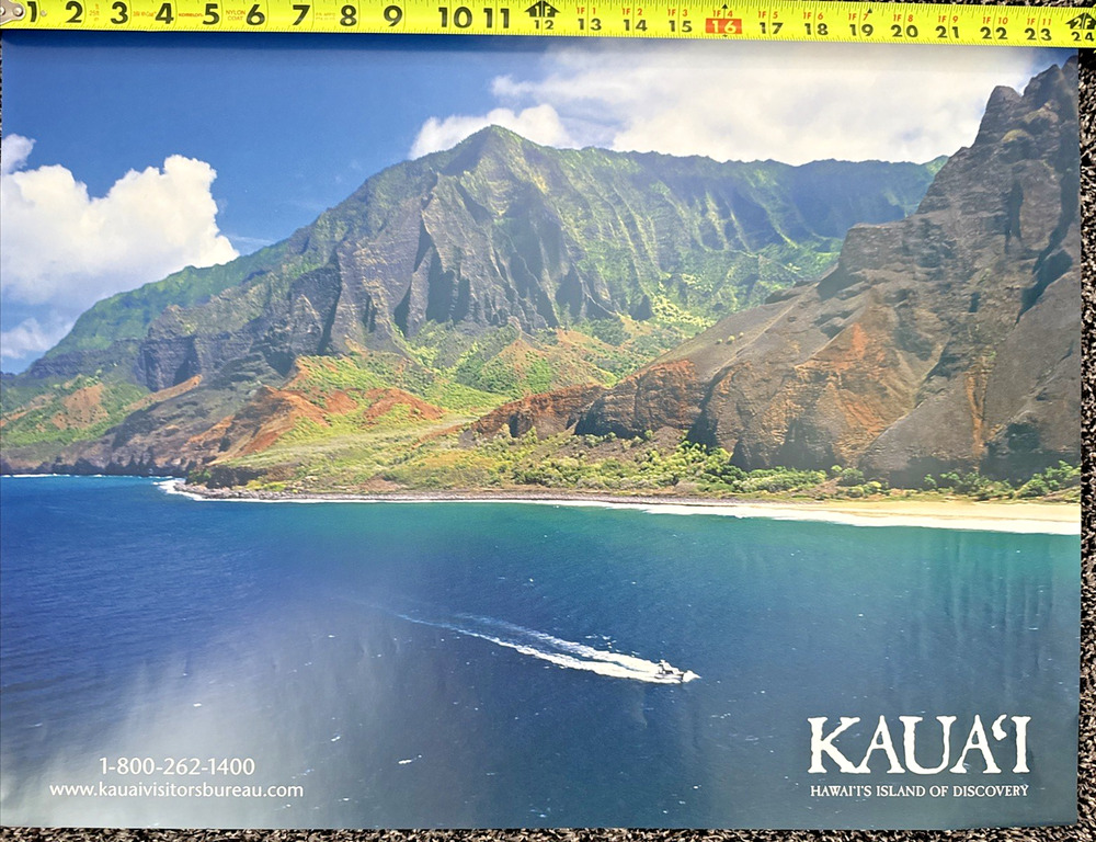 Kaua'i Hawaii Travel Poster Blue Ocean Water Tropical Hawaiian Mountains 24" x18